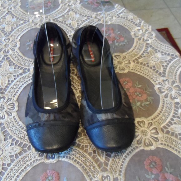 Prada Green/Black Camo Print Elastic Canvas/Leather Ballet Flats Size 7 - Picture 1 of 16